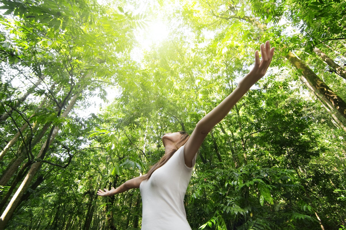 jeune femme bras écartés dans la foret